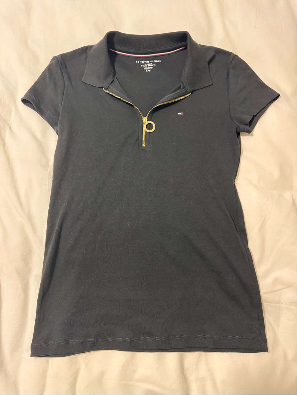 Tommy Hilfiger Black Polo Zip Crop Top with Gold Zip